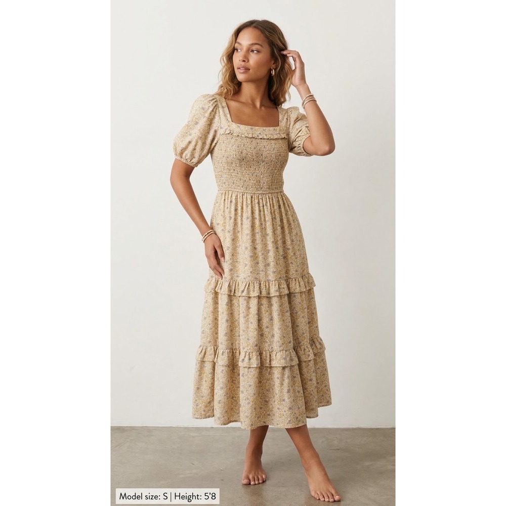 Calista Floral Smocked Midi Dress Puff Sleeve Tiered Pockets M Boho Cottagecore